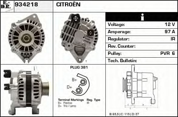 EDR 934218 Генератор для CITROËN XANTIA (CитроËн Ксантиа) EDR 934218 Генератор для CITROËN XANTIA (CитроËн Ксантиа)