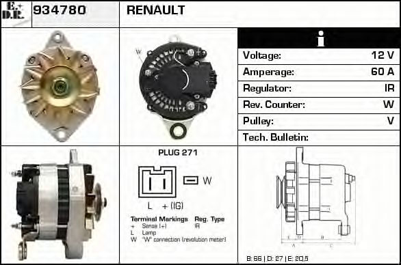 EDR 934780 Генератор для RENAULT ESPACE I (Рено Эспаcэ и) EDR 934780 Генератор для RENAULT ESPACE I (Рено Эспаcэ и)