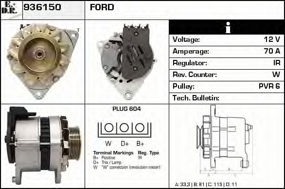EDR 936150 Генератор для FORD GRANADA I (Форд Гранада и) EDR 936150 Генератор для FORD GRANADA I (Форд Гранада и)