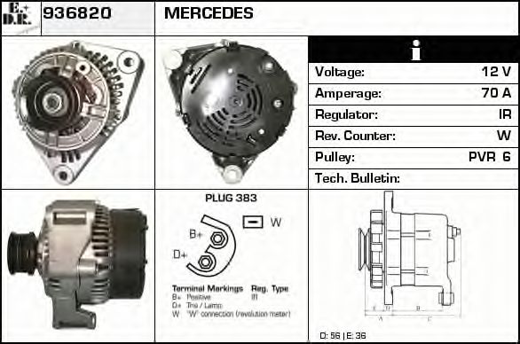 EDR 936820 Генератор для MERCEDES-BENZ SPRINTER 3-T (Мэрcэдэс-бэнз Спринтэр 3-т) EDR 936820 Генератор для MERCEDES-BENZ SPRINTER 3-T (Мэрcэдэс-бэнз Спринтэр 3-т)