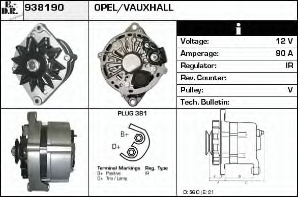 EDR 938190 Генератор для OPEL OMEGA A (Опель Омэга а) EDR 938190 Генератор для OPEL OMEGA A (Опель Омэга а)
