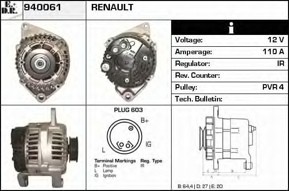 EDR 940061 Генератор для RENAULT ESPACE III (Рено Эспейс 3) EDR 940061 Генератор для RENAULT ESPACE III (Рено Эспейс 3)