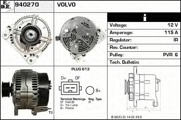 EDR 940270 Генератор для VOLVO (Вольво) EDR 940270 Генератор для VOLVO (Вольво)