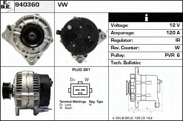 EDR 940360 Генератор для VOLKSWAGEN T4 MULTIVAN (Фольксваген Т4 мултиvан) EDR 940360 Генератор для VOLKSWAGEN T4 MULTIVAN (Фольксваген Т4 мултиvан)