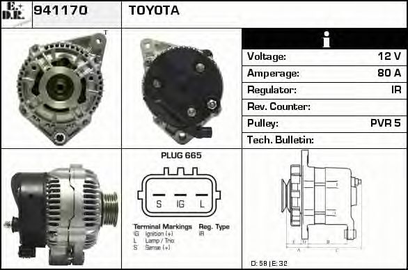EDR 941170 Генератор для TOYOTA AVENSIS (Тойота/тоета Авенсис) EDR 941170 Генератор для TOYOTA AVENSIS (Тойота/тоета Авенсис)
