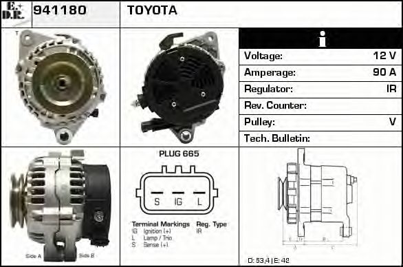 EDR 941180 Генератор для TOYOTA AVENSIS (Тойота/тоета Авенсис) EDR 941180 Генератор для TOYOTA AVENSIS (Тойота/тоета Авенсис)
