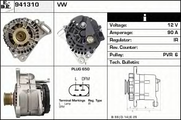 EDR 941310 Генератор для VOLKSWAGEN LUPO (Фольксваген Лупо) EDR 941310 Генератор для VOLKSWAGEN LUPO (Фольксваген Лупо)