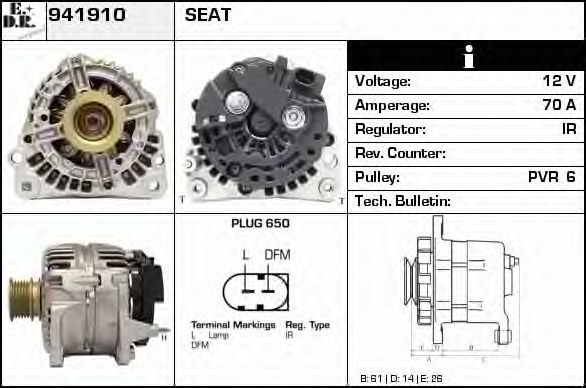 EDR 941910 Генератор для VOLKSWAGEN LUPO (Фольксваген Лупо) EDR 941910 Генератор для VOLKSWAGEN LUPO (Фольксваген Лупо)