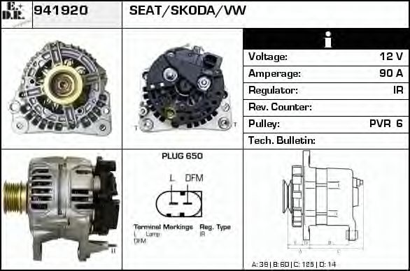 EDR 941920 Генератор для VOLKSWAGEN LUPO (Фольксваген Лупо) EDR 941920 Генератор для VOLKSWAGEN LUPO (Фольксваген Лупо)