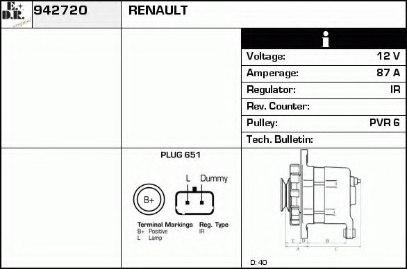 EDR 942720 Генератор для RENAULT SCNIC I (Рено Сценик и) EDR 942720 Генератор для RENAULT SCNIC I (Рено Сценик и)