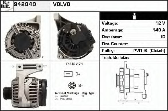 EDR 942840 Генератор для VOLVO S80 I (Вольво S80 1) EDR 942840 Генератор для VOLVO S80 I (Вольво S80 1)