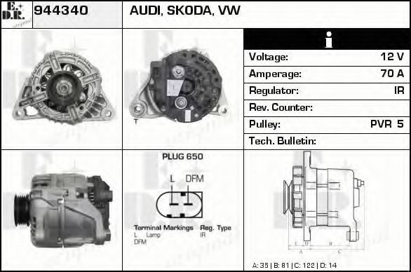 EDR 944340 Генератор для AUDI A4 (Ауди А4) EDR 944340 Генератор для AUDI A4 (Ауди А4)