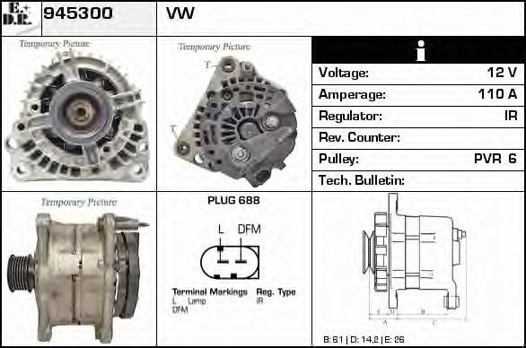 EDR 945300 Генератор для VOLKSWAGEN RABBIT V (Фольксваген Раббит v) EDR 945300 Генератор для VOLKSWAGEN RABBIT V (Фольксваген Раббит v)