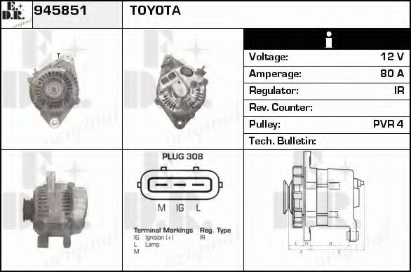 EDR 945851 Генератор для TOYOTA YARIS (Тойота/тоета Ярис) EDR 945851 Генератор для TOYOTA YARIS (Тойота/тоета Ярис)