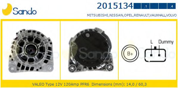 SANDO 2015134.1 Генератор для OPEL VIVARO (Опель Виваро) SANDO 2015134.1 Генератор для OPEL VIVARO (Опель Виваро)