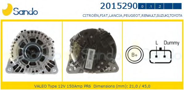 SANDO 2015290.0 Генератор для PEUGEOT 407 (Пежо 407) SANDO 2015290.0 Генератор для PEUGEOT 407 (Пежо 407)