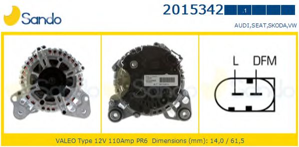 SANDO 2015342.1 Генератор для SEAT IBIZA V (Сеат Ибица 5) SANDO 2015342.1 Генератор для SEAT IBIZA V (Сеат Ибица 5)
