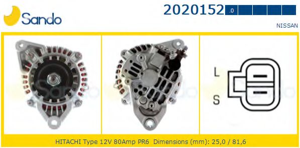 SANDO 2020152.0 Генератор для NISSAN PRIMERA (Ниссан Примера) SANDO 2020152.0 Генератор для NISSAN PRIMERA (Ниссан Примера)