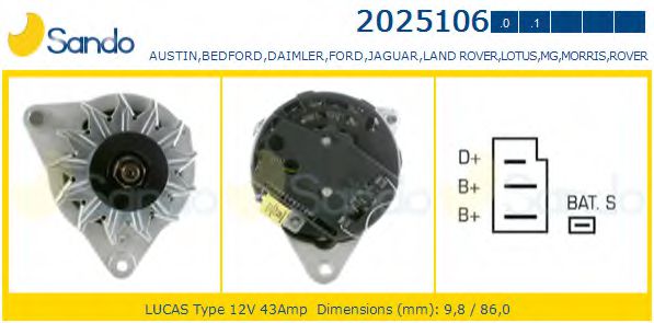 SANDO 2025106.1 Генератор для FORD FIESTA (Форд Фиэста) SANDO 2025106.1 Генератор для FORD FIESTA (Форд Фиэста)