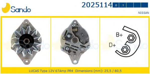SANDO 2025114.0 Генератор для NISSAN PRIMERA (Ниссан Примера) SANDO 2025114.0 Генератор для NISSAN PRIMERA (Ниссан Примера)