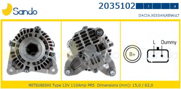 SANDO 2035102.1 Генератор для NISSAN KUBISTAR (Ниссан Кубистар) SANDO 2035102.1 Генератор для NISSAN KUBISTAR (Ниссан Кубистар)