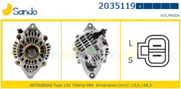 SANDO 2035119.0 Генератор для KIA (Киа) SANDO 2035119.0 Генератор для KIA (Киа)