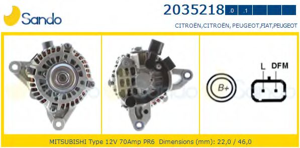 SANDO 2035218.0 Генератор для PEUGEOT 206 (Пежо 206) SANDO 2035218.0 Генератор для PEUGEOT 206 (Пежо 206)