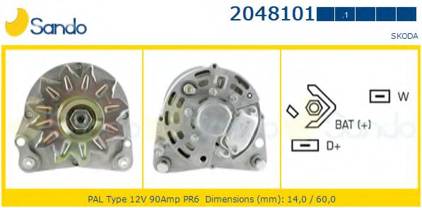 SANDO 2048101.1 Генератор для SKODA FELICIA II (Шкода Фелиция 2) SANDO 2048101.1 Генератор для SKODA FELICIA II (Шкода Фелиция 2)