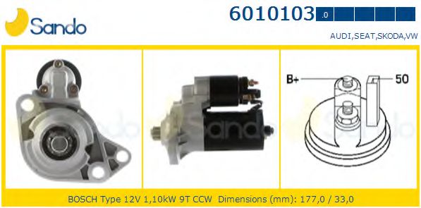 SANDO 6010103.0 Стартер 6K. . TR099 001 для VOLKSWAGEN NOVO FUSCA (Фольксваген Ноvо фусcа) SANDO 6010103.0 Стартер 6K. . TR099 001 для VOLKSWAGEN NOVO FUSCA (Фольксваген Ноvо фусcа)