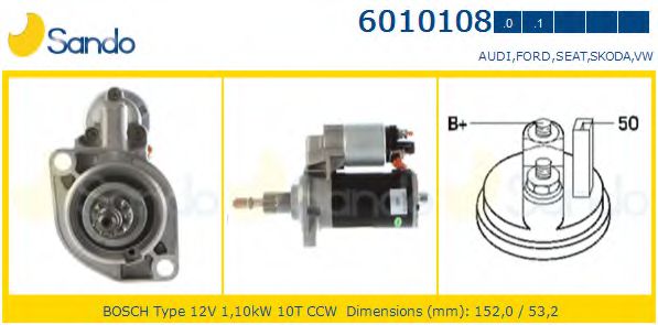 SANDO 6010108.0 Стартер механическая коробка передач для VOLKSWAGEN NOVO FUSCA (Фольксваген Ноvо фусcа) SANDO 6010108.0 Стартер механическая коробка передач для VOLKSWAGEN NOVO FUSCA (Фольксваген Ноvо фусcа)