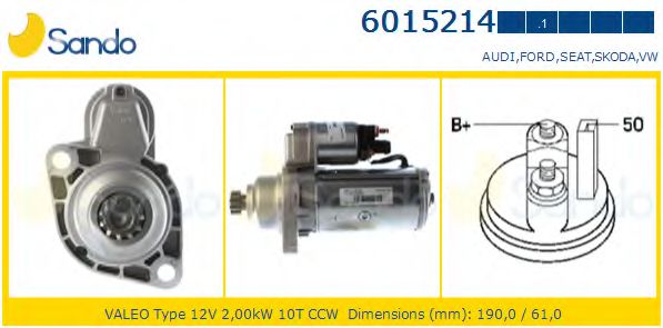 SANDO 6015214.1 Стартер для VOLKSWAGEN SHARAN (Фольксваген Шаран) SANDO 6015214.1 Стартер для VOLKSWAGEN SHARAN (Фольксваген Шаран)