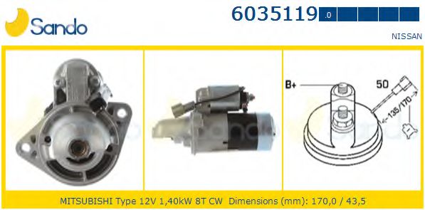 SANDO 6035119.0 Стартер для NISSAN PRIMERA LER (Ниссан Примера лэр) SANDO 6035119.0 Стартер для NISSAN PRIMERA LER (Ниссан Примера лэр)