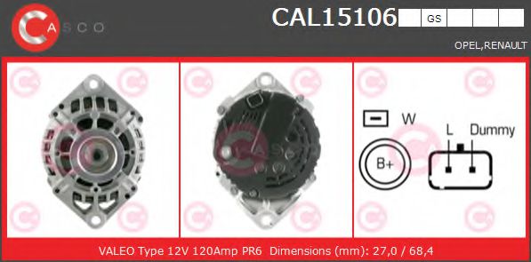 CASCO CAL15106GS Генератор для RENAULT LAGUNA II ER (Рено Лагуна 2 ер) CASCO CAL15106GS Генератор для RENAULT LAGUNA II ER (Рено Лагуна 2 ер)