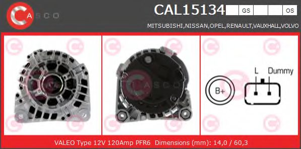 CASCO CAL15134GS Генератор для OPEL VIVARO (Опель Виваро) CASCO CAL15134GS Генератор для OPEL VIVARO (Опель Виваро)