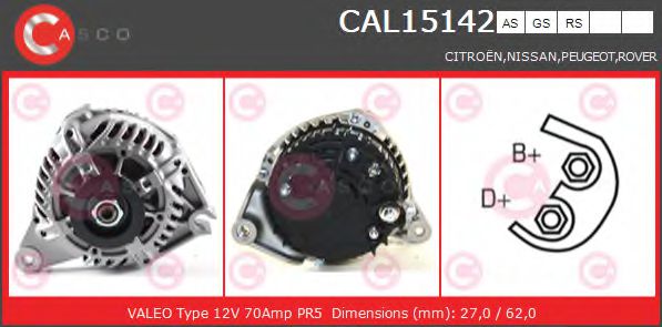 CASCO CAL15142AS Генератор для PEUGEOT 106 I (Пежо 106 и) CASCO CAL15142AS Генератор для PEUGEOT 106 I (Пежо 106 и)