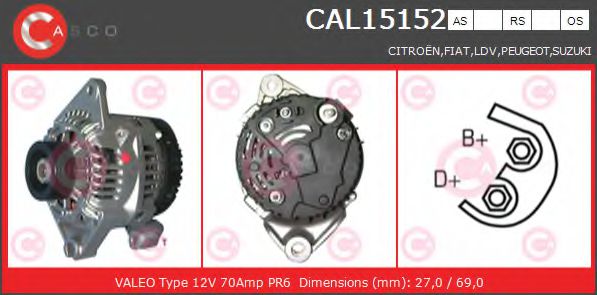 CASCO CAL15152AS Генератор для CITROËN DISPATCH (CитроËн Диспатч) CASCO CAL15152AS Генератор для CITROËN DISPATCH (CитроËн Диспатч)