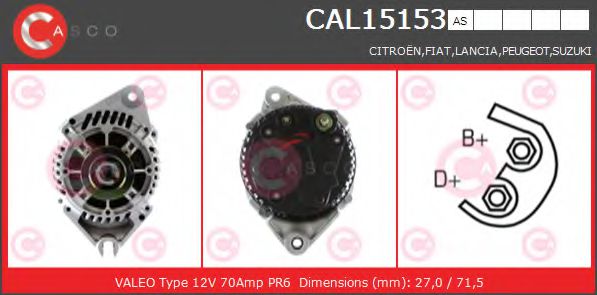 CASCO CAL15153AS Генератор для CITROËN DISPATCH (CитроËн Диспатч) CASCO CAL15153AS Генератор для CITROËN DISPATCH (CитроËн Диспатч)