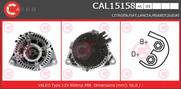 CASCO CAL15158AS Генератор для CITROËN DISPATCH (CитроËн Диспатч) CASCO CAL15158AS Генератор для CITROËN DISPATCH (CитроËн Диспатч)
