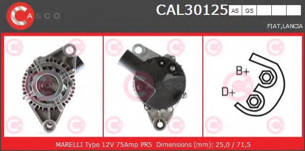 CASCO CAL30125AS Генератор для автомобилей без кондиционера для FIAT BRAVA (Фиат Брава) CASCO CAL30125AS Генератор для автомобилей без кондиционера для FIAT BRAVA (Фиат Брава)