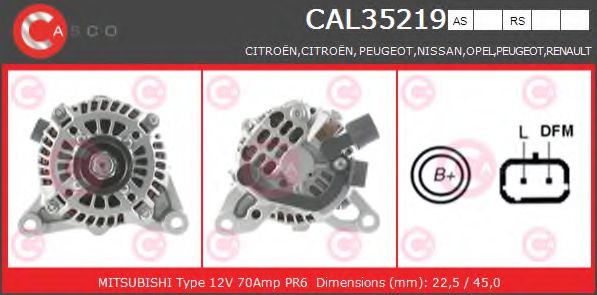CASCO CAL35219AS Генератор для OPEL VIVARO (Опель Виваро) CASCO CAL35219AS Генератор для OPEL VIVARO (Опель Виваро)