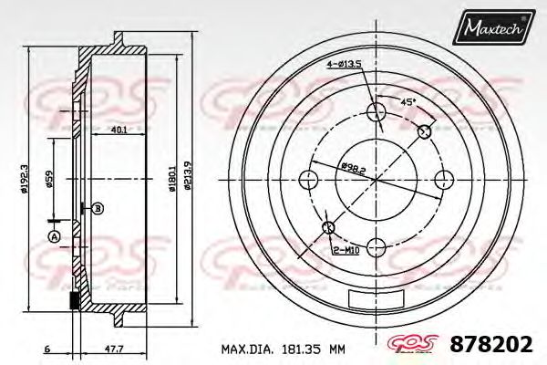 MAXTECH 878202.0000 Тормозной барабан для FIAT 500 C (Фиат 500 c) MAXTECH 878202.0000 Тормозной барабан для FIAT 500 C (Фиат 500 c)