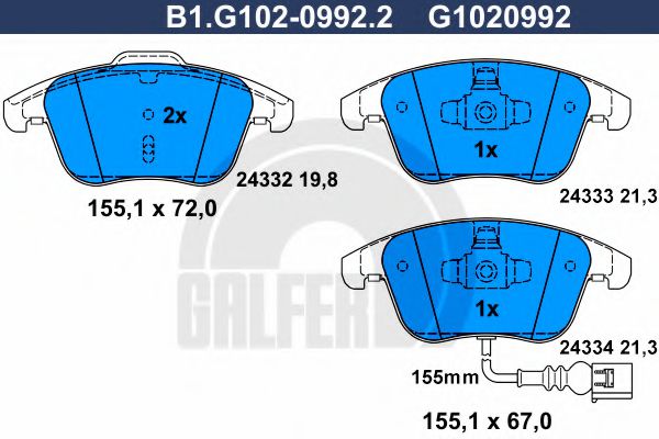 GALFER B1.G102-0992.2 Тормозные колодки для VOLKSWAGEN (Фольксваген) GALFER B1.G102-0992.2 Тормозные колодки для VOLKSWAGEN (Фольксваген)