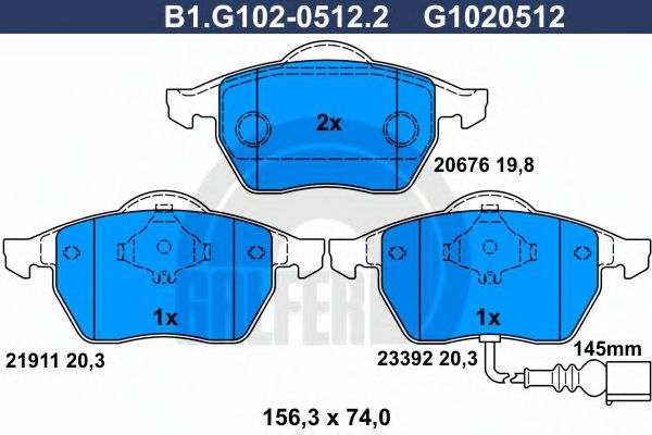 GALFER B1.G102-0512.2 Тормозные колодки для VOLKSWAGEN (Фольксваген) GALFER B1.G102-0512.2 Тормозные колодки для VOLKSWAGEN (Фольксваген)