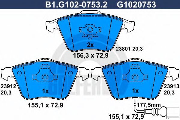 GALFER B1.G102-0753.2 Тормозные колодки для SKODA SUPERB (Шкода Суперб) GALFER B1.G102-0753.2 Тормозные колодки для SKODA SUPERB (Шкода Суперб)