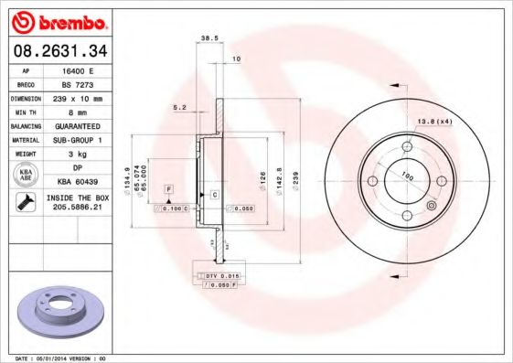 BREMBO 08.2631.34 Тормозной диск для AUDI 80 (Ауди 80) BREMBO 08.2631.34 Тормозной диск для AUDI 80 (Ауди 80)