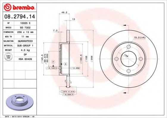BREMBO 08.2794.14 Тормозной диск для AUDI 100 (Ауди 100) BREMBO 08.2794.14 Тормозной диск для AUDI 100 (Ауди 100)