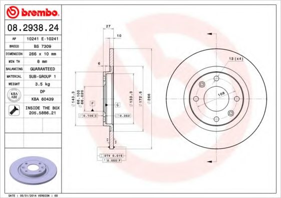 BREMBO 08.2938.24 Тормозной диск для PEUGEOT 305 II (Пежо 305 2) BREMBO 08.2938.24 Тормозной диск для PEUGEOT 305 II (Пежо 305 2)