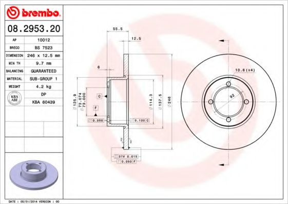 BREMBO 08.2953.20 Тормозной диск для OPEL MANTA B CC (Опель Манта б cc) BREMBO 08.2953.20 Тормозной диск для OPEL MANTA B CC (Опель Манта б cc)