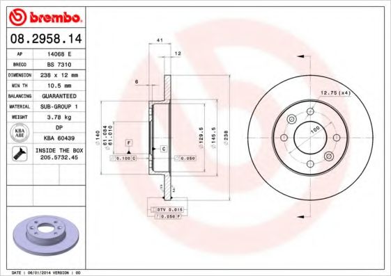 BREMBO 08.2958.14 Тормозной диск для RENAULT ALLIANCE (Рено Аллианcэ) BREMBO 08.2958.14 Тормозной диск для RENAULT ALLIANCE (Рено Аллианcэ)