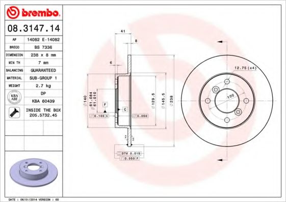 BREMBO 08.3147.14 Тормозной диск для RENAULT SUPER 5 (Рено Супэр 5) BREMBO 08.3147.14 Тормозной диск для RENAULT SUPER 5 (Рено Супэр 5)